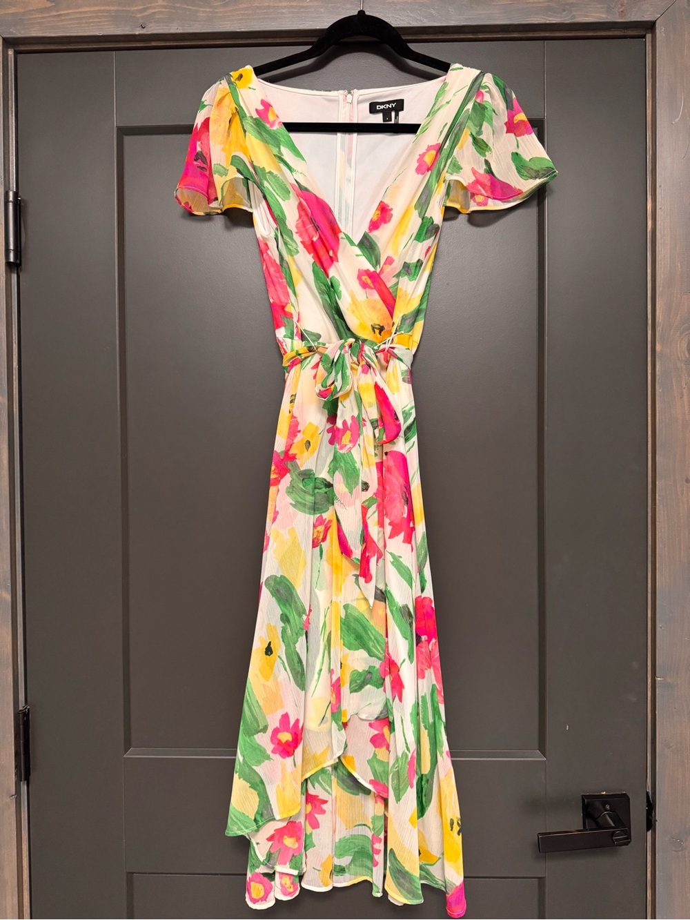 DKNY White Floral High-Low Wrap Dress with Pink, Yellow & Green